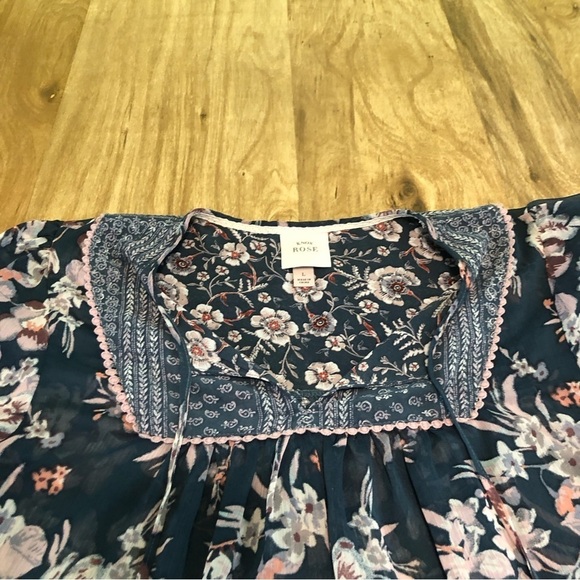 Knox Rose Womens Size Large Peasant Bohemian Floral Top Front Tie Blue Green - Picture 6 of 10